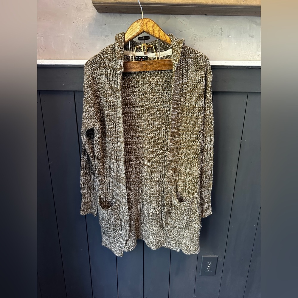 POOF New York Olive Green Marled Long Knit Open Hooded Cardigan size Medium